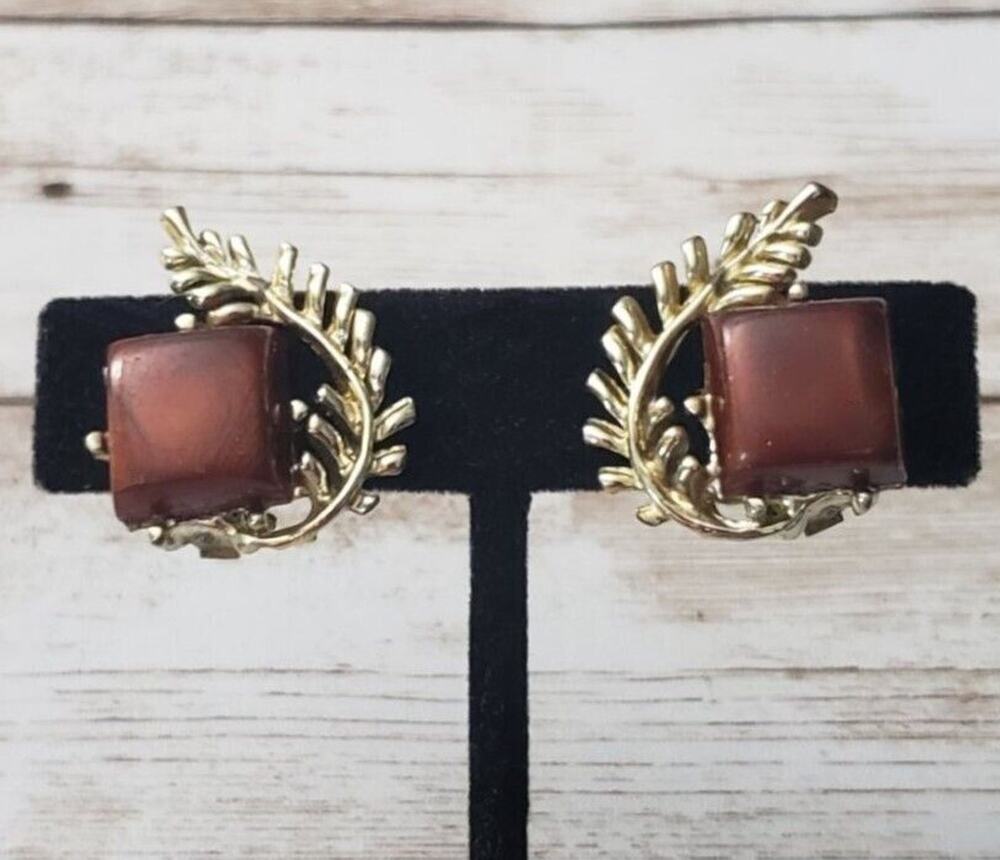 Vintage Clip On Earrings Brown Square with Gold Tone Leaf Details